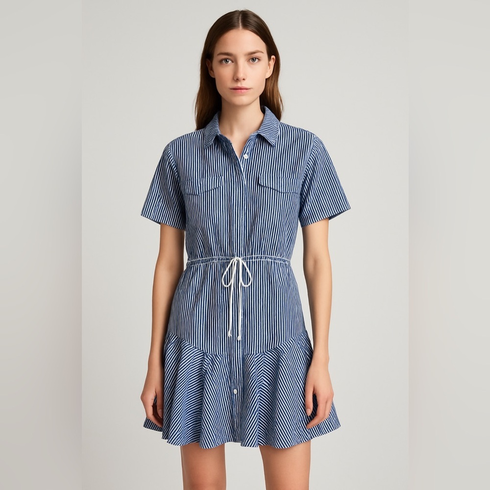 Aakaa Blue and White Striped Mini Shirt Dress
